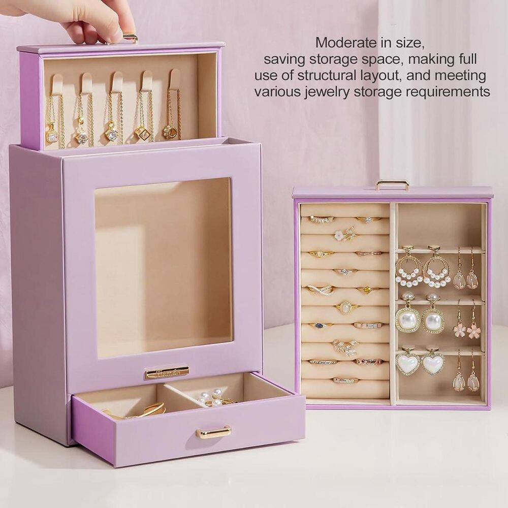 Grey Purple 7 In. X 9 In. Polyurethane Modern Jewelry Box with 3-Drawers