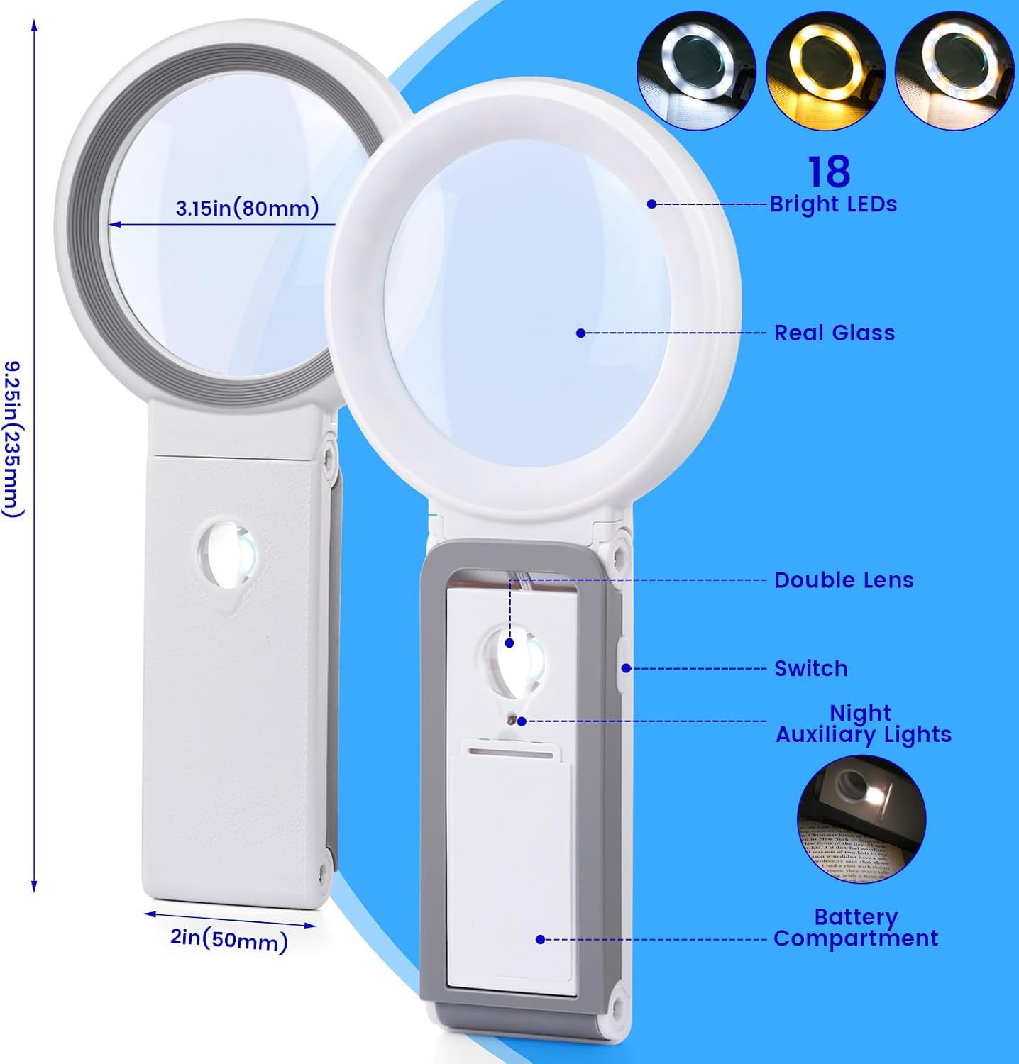 Lighted Magnifying Glass with Stand 18 LED Foldable Handheld Reading Magnifier