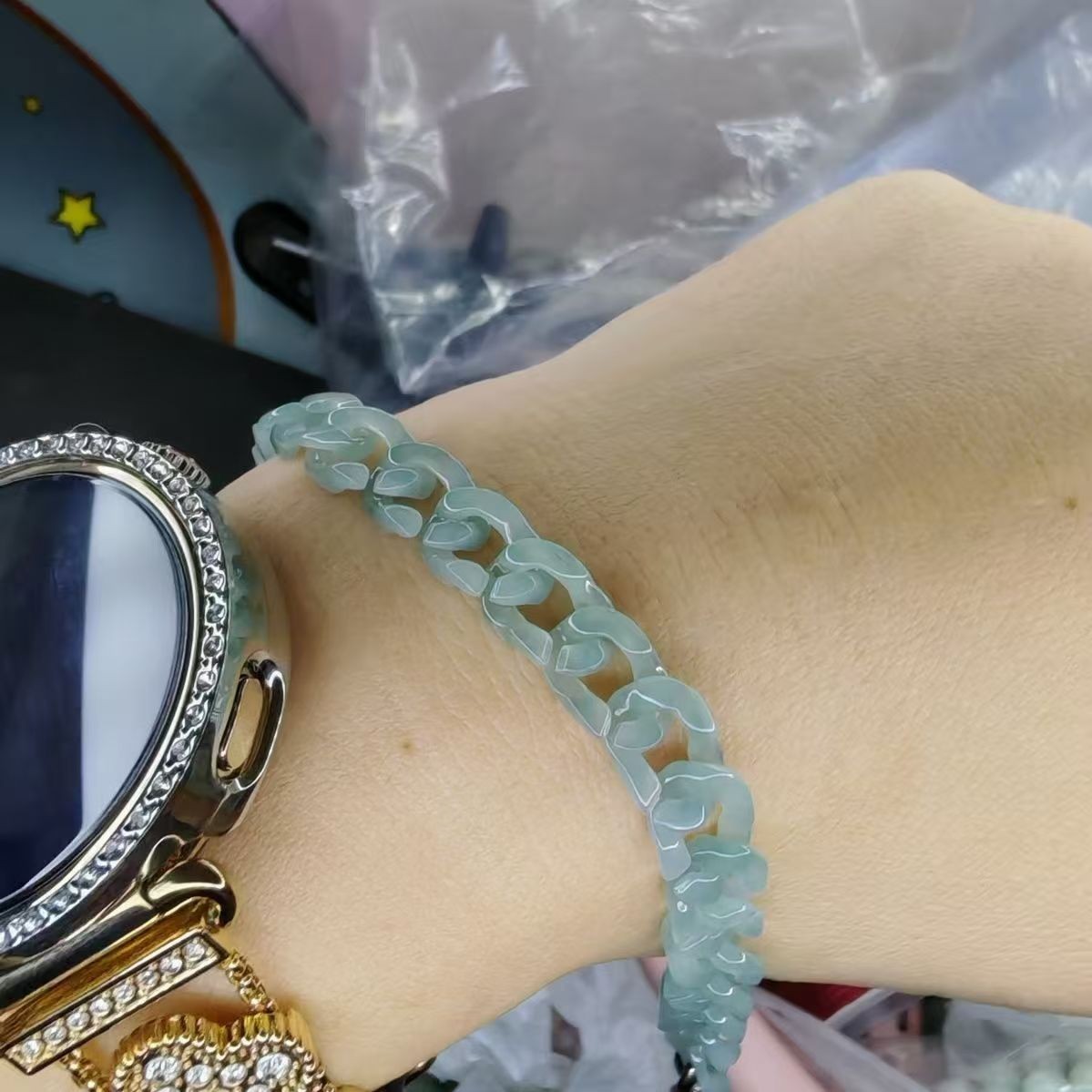 Real Grade A 100% Natural Green Jade Jadeite Cuban Curb Link Bracelet 7-7.9Inch