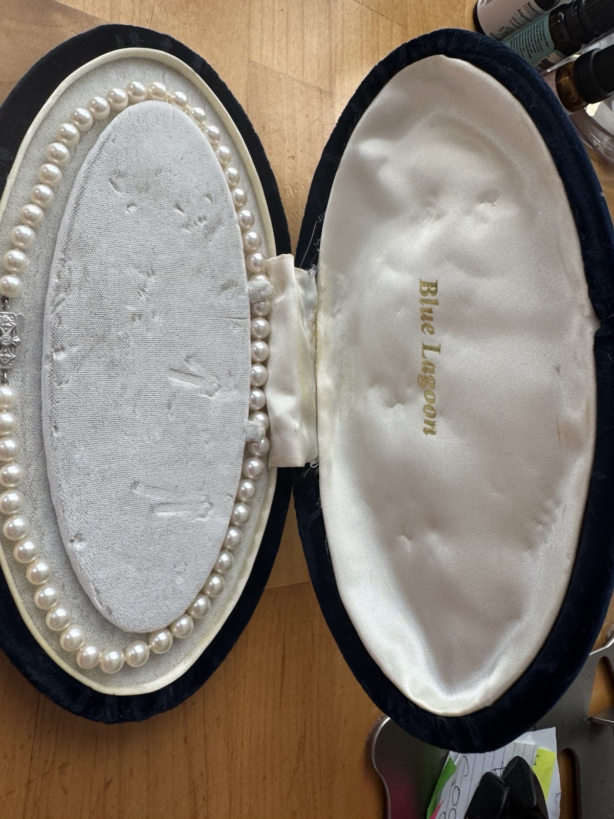Blue Lagoon Signed White Round Pearl Beaded Necklace 16in 18k WG Box Clasp