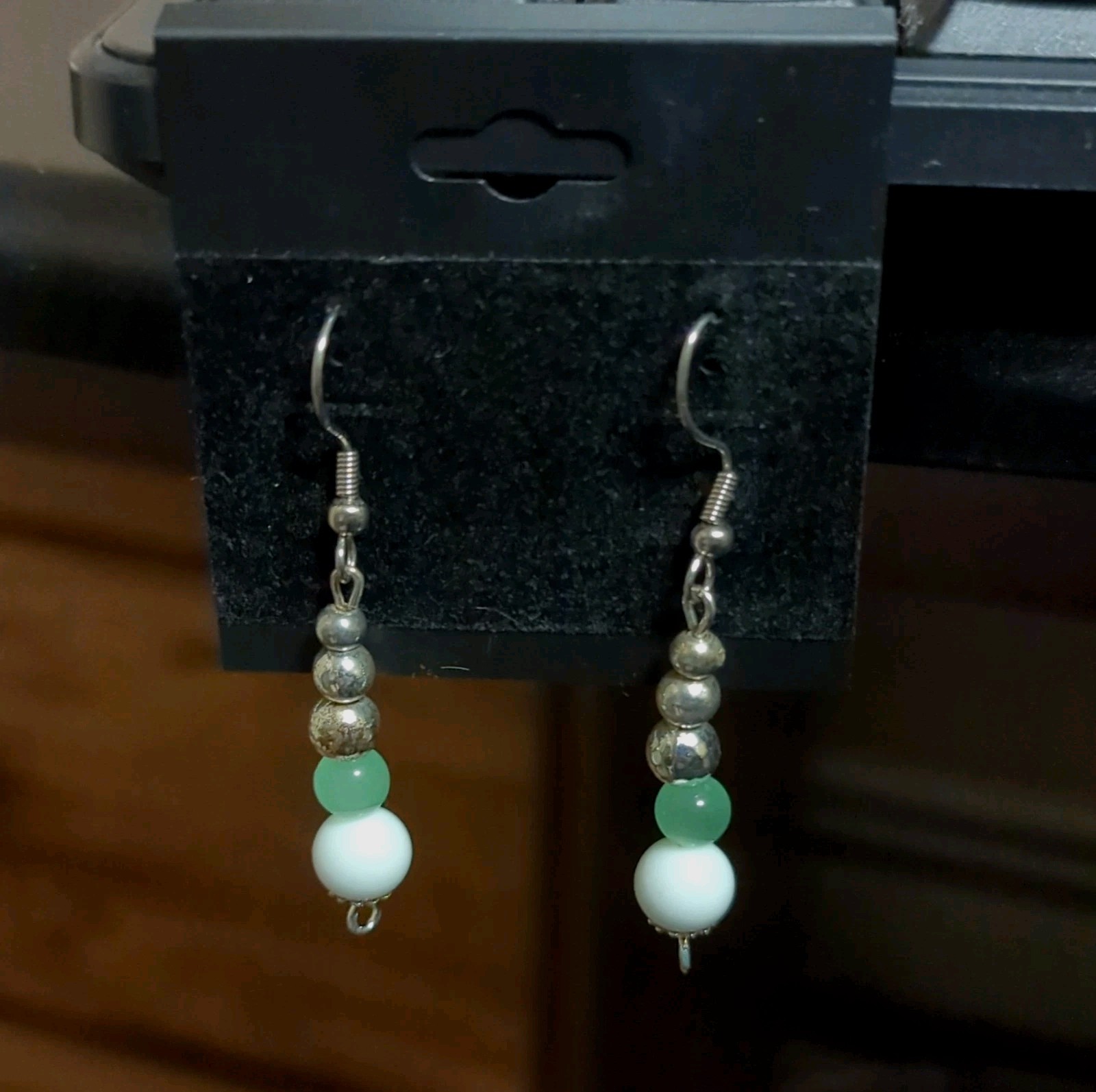 Silver Green White Glass Beaded Dangle Drop Earrings Hook Closure Round Lobe
