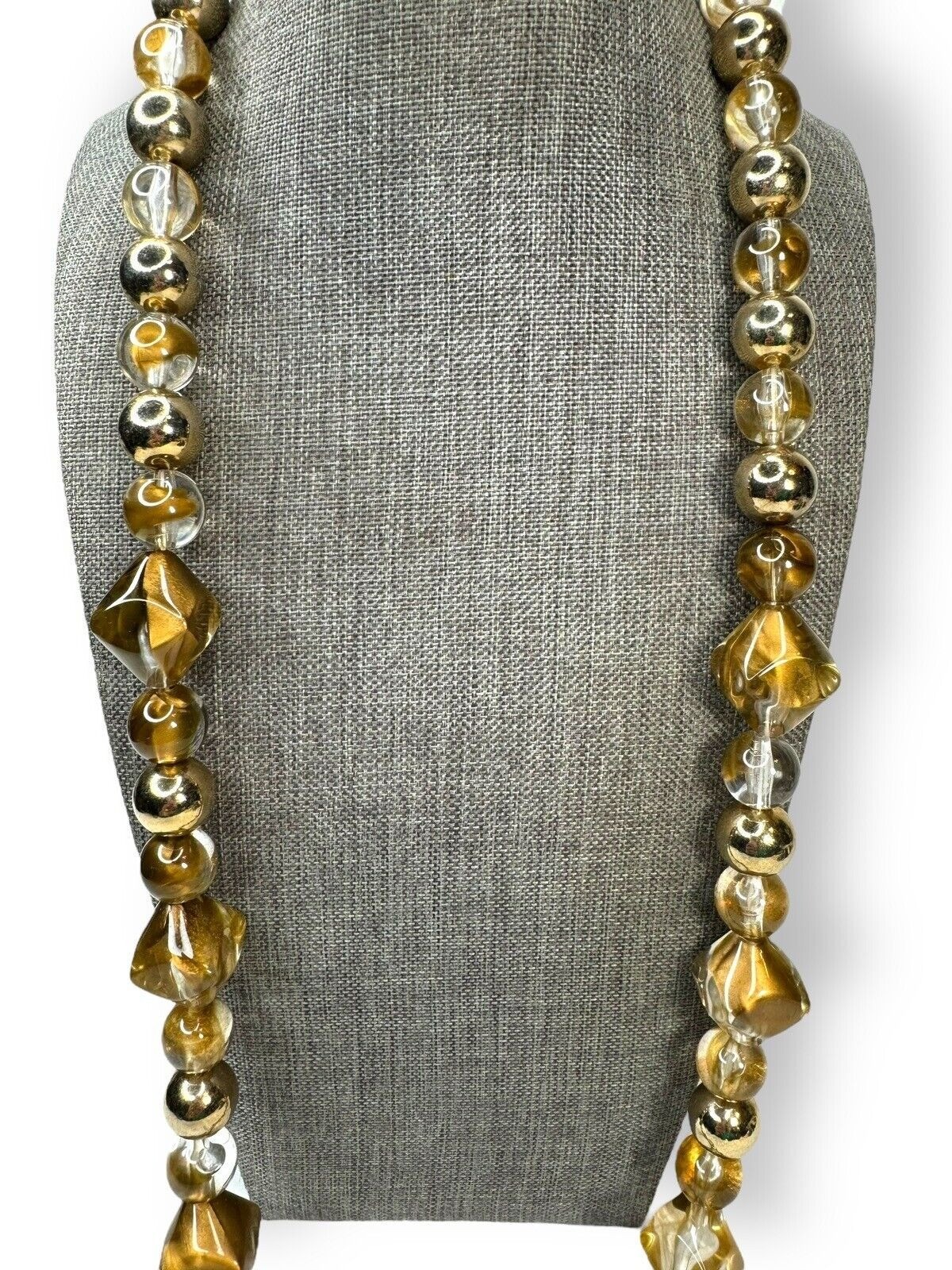 Vintage Arthur David Marbled Gold Acrylic Lucite Bead Necklace 30″ UV Reactive