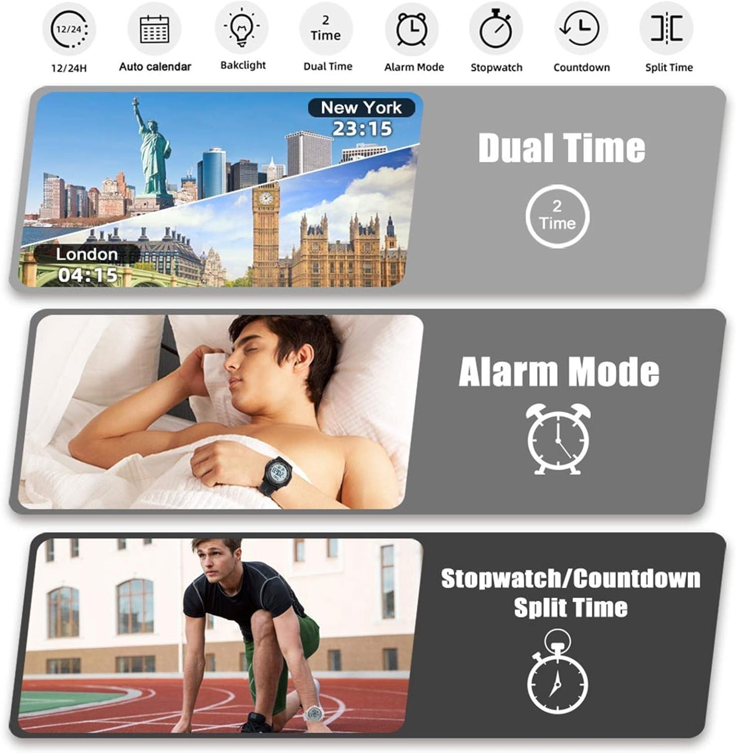 Digital Watch Waterproof with Stopwatch Alarm Countdown Dual Time for Men Women