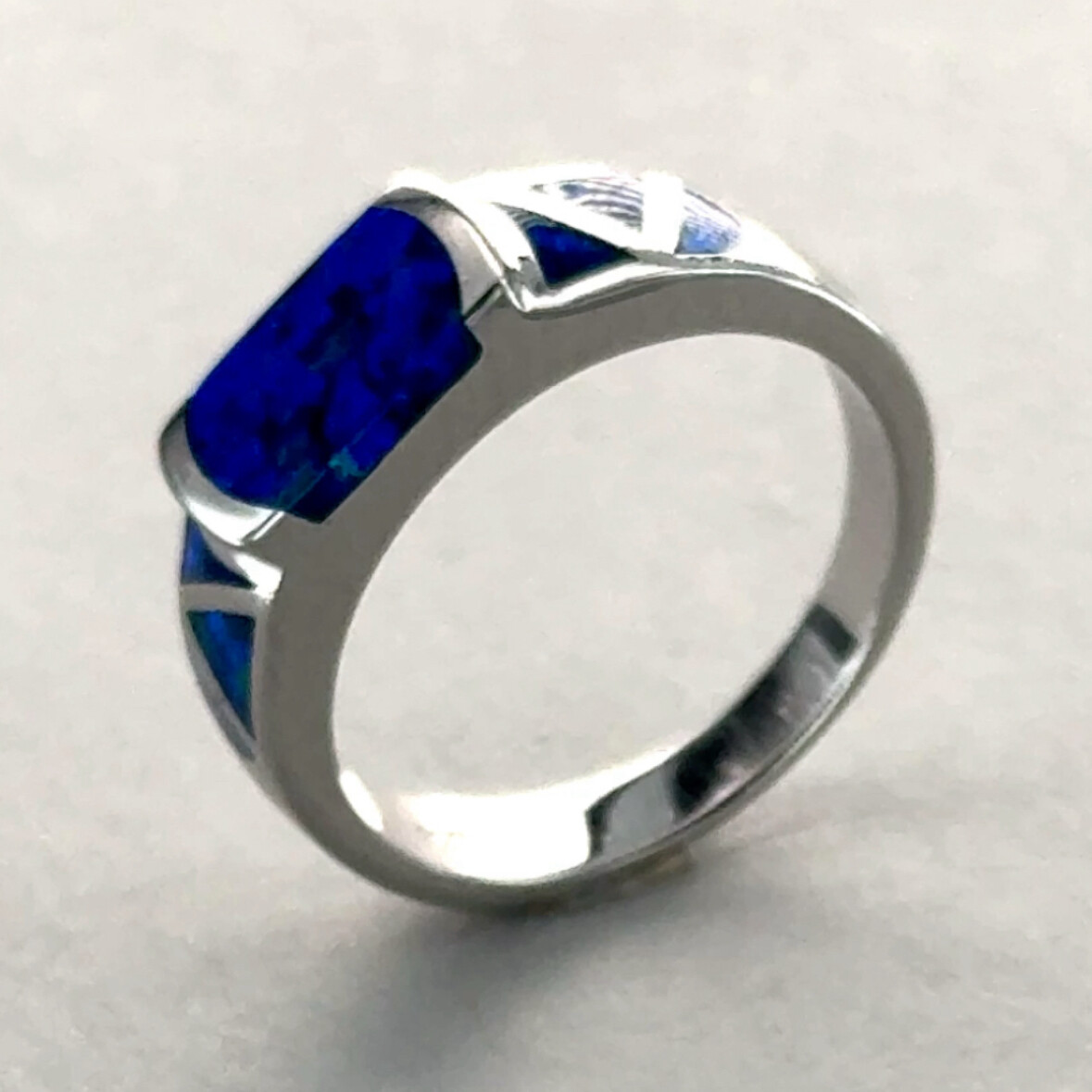 Blue Square Rectangle Fire OPAL Ring Rhodium finished 925 STERLING SILVER #1004