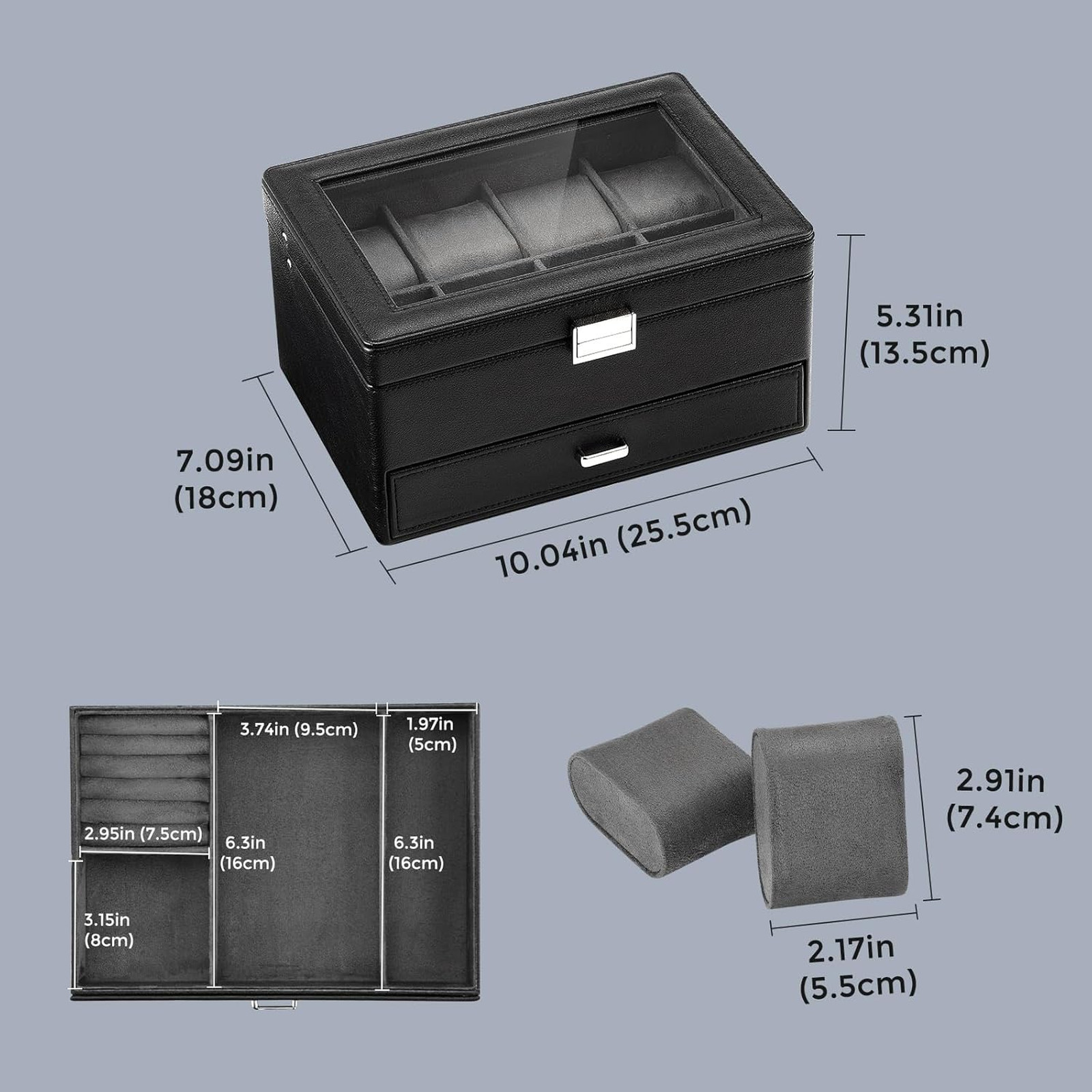 Watch Storage Box with Glass Lid for Men and Jewelry Organizer with 8 Slots