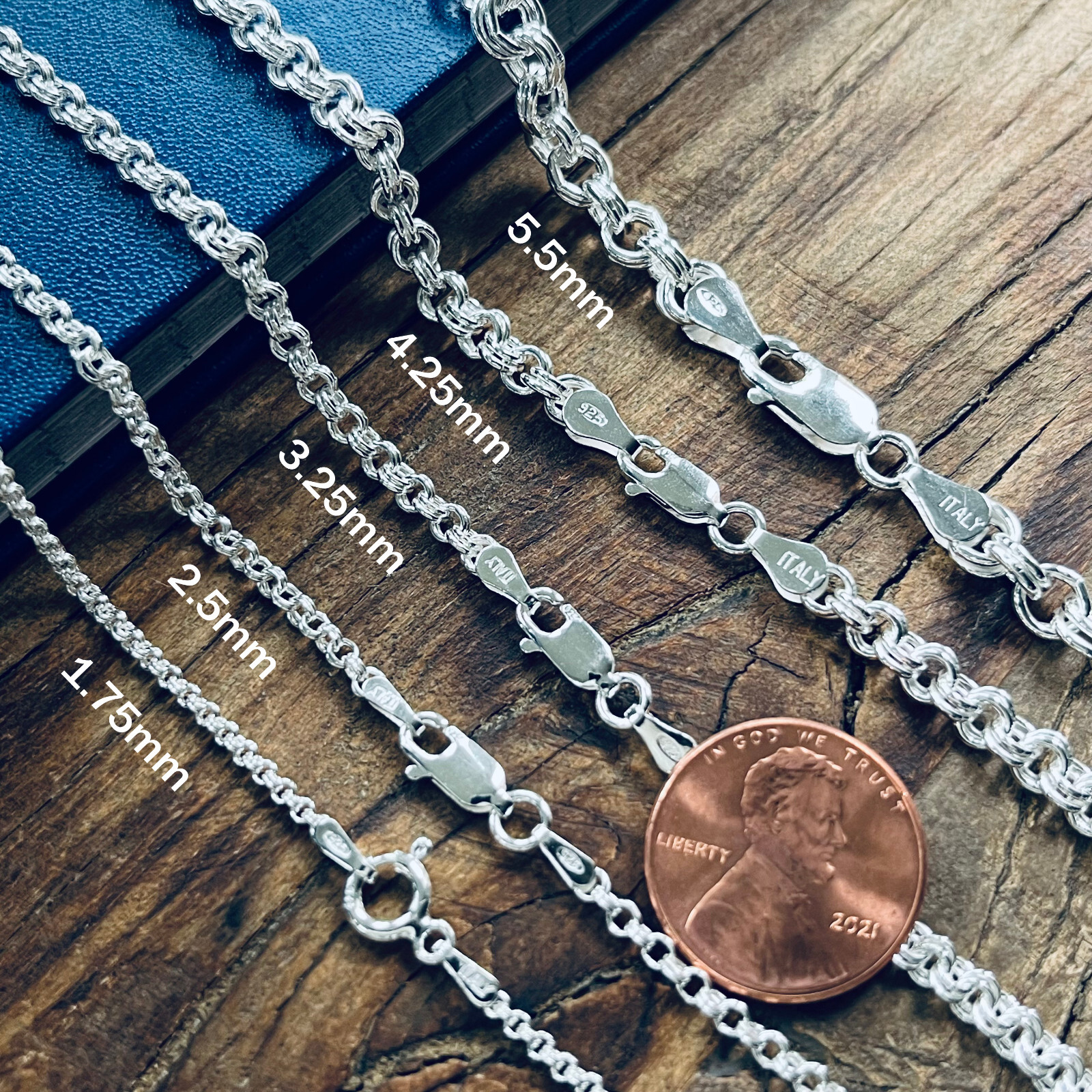 Real Solid 925 Sterling Silver Double Rolo Chain Necklace Made in Italy