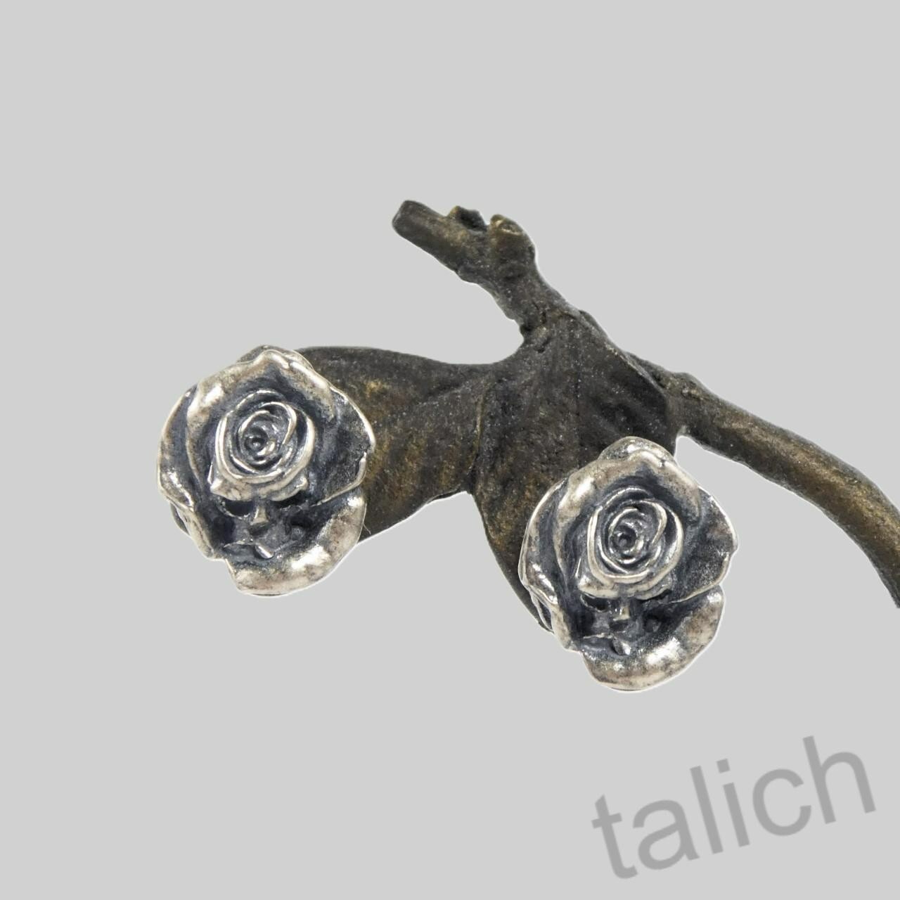 925 Sterling Silver Small Skull Rose Stud Earrings in Dark Finish Gothic Unique