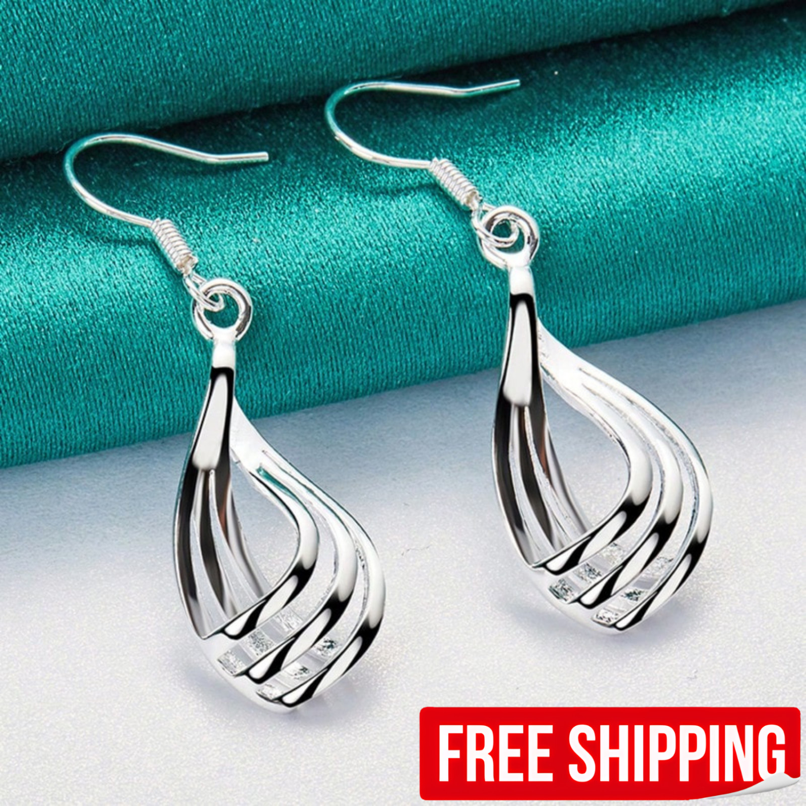 925 Sterling Silver Plated Teardrop Dangle Earrings Twisted Wave Women Jewelry