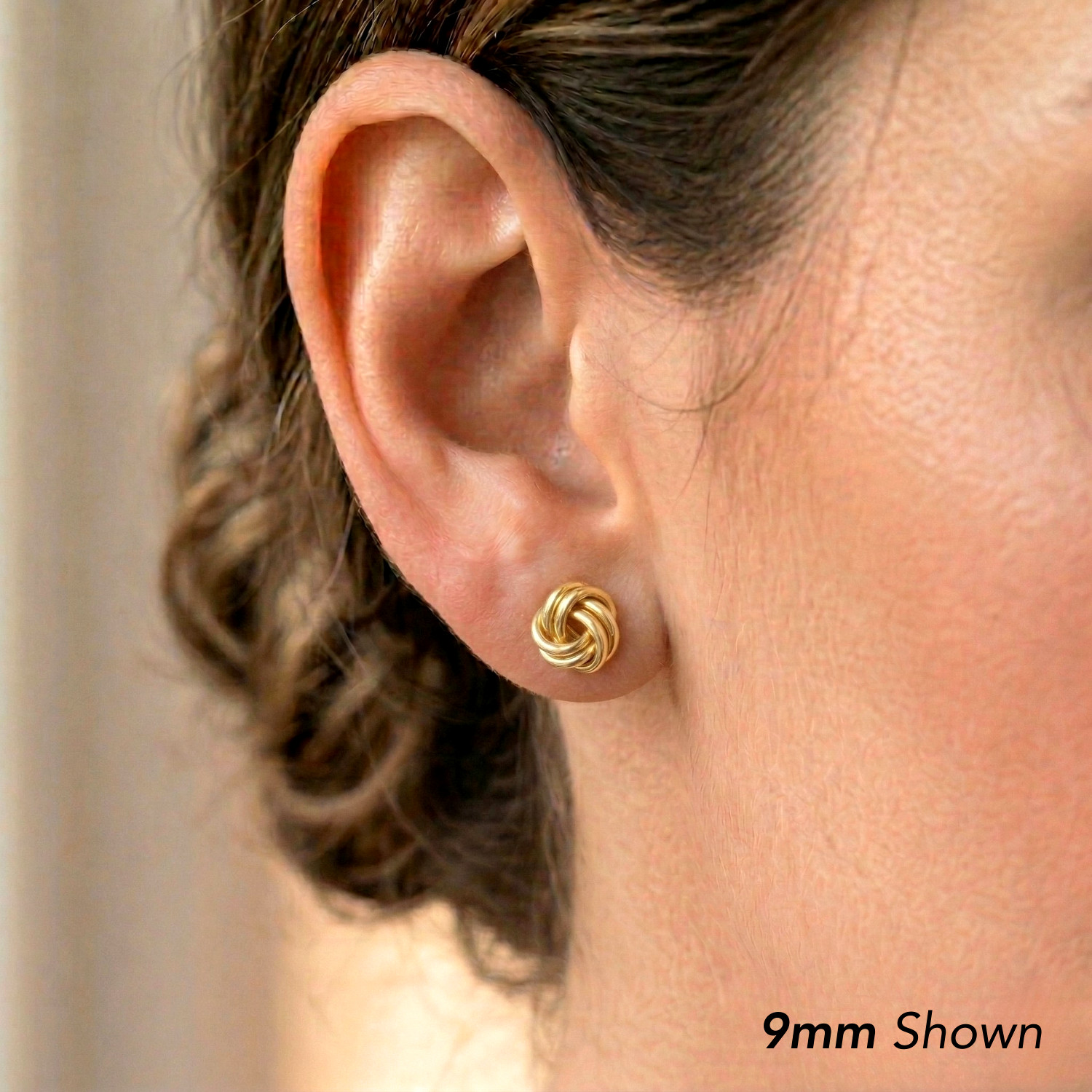 14K Real Solid Gold Polished Love Knot Sleeper Studs Earrings Push-back 9mm