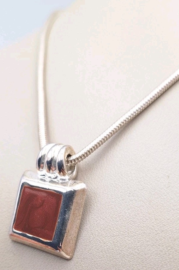 Silvertone Square Enamel Inlay Pendant Charm Necklace Round Snake Chain 16″-19″