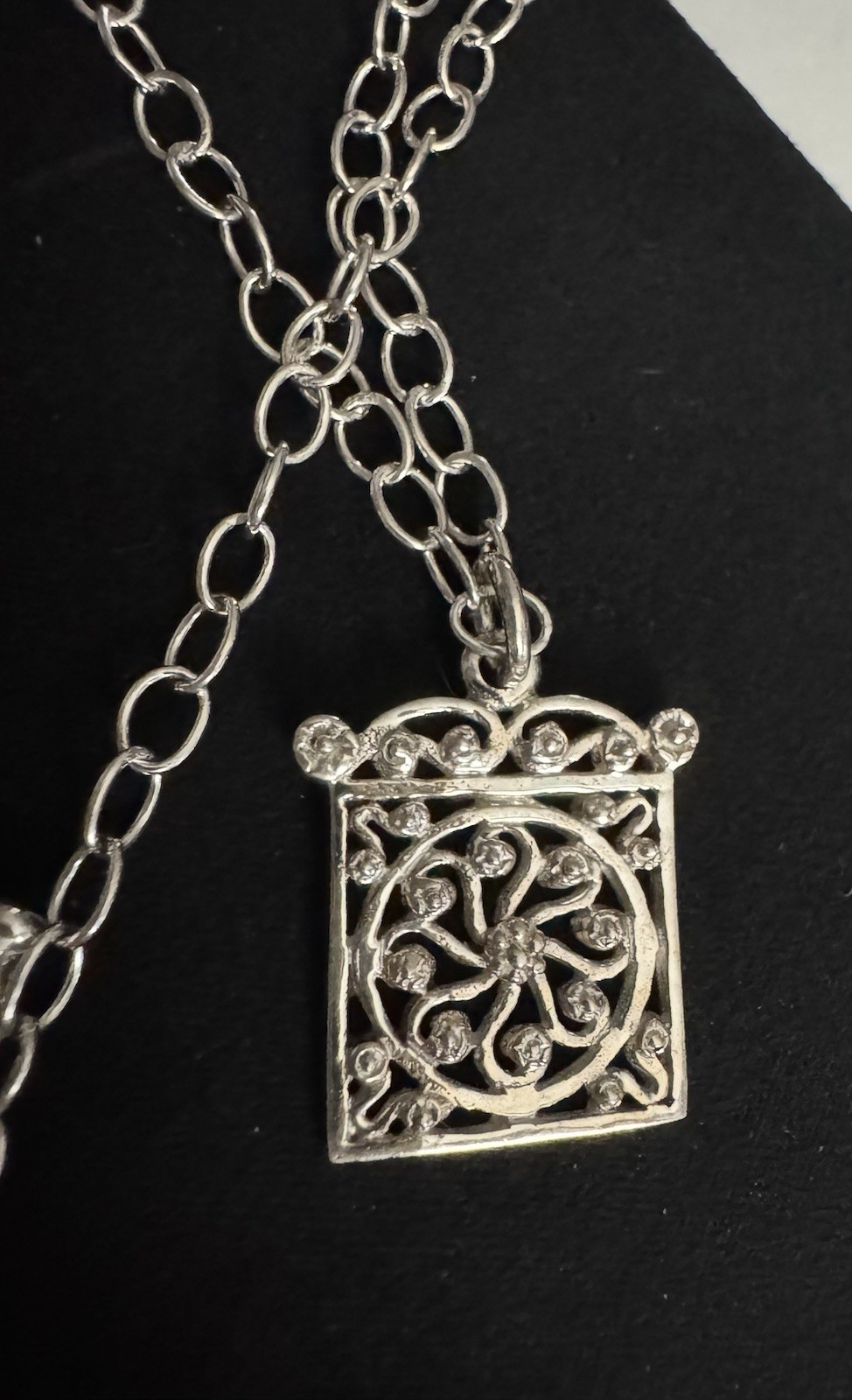 Gorgeous Sterling Chain Link Square Pendant Filigree Necklace Toggle Closure