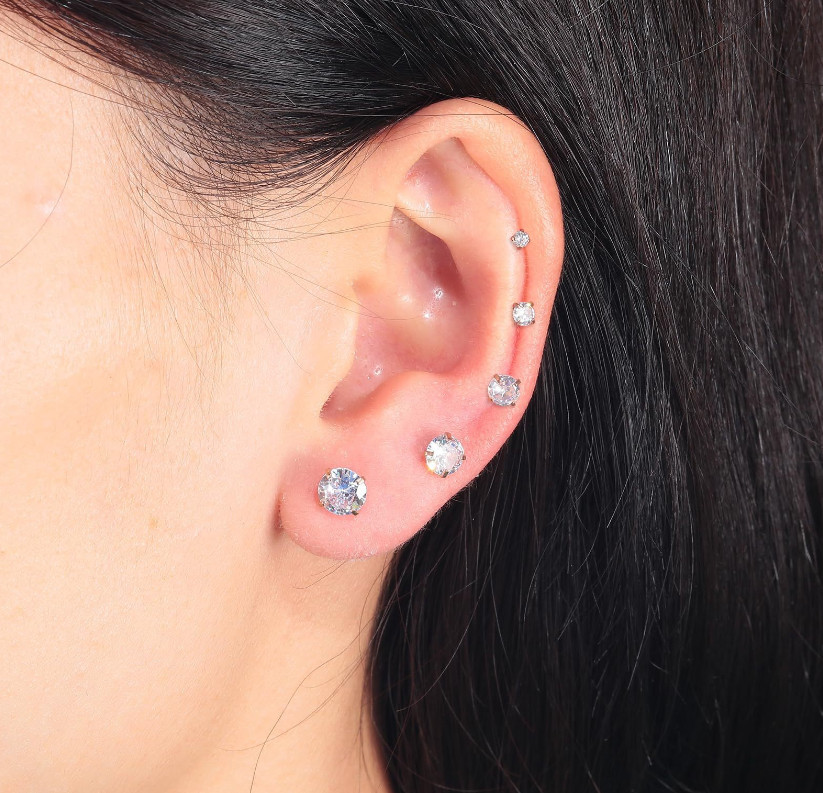 Silver Stainless Steel Round CZ Stud Earrings for Women Men Piercing Screw Back