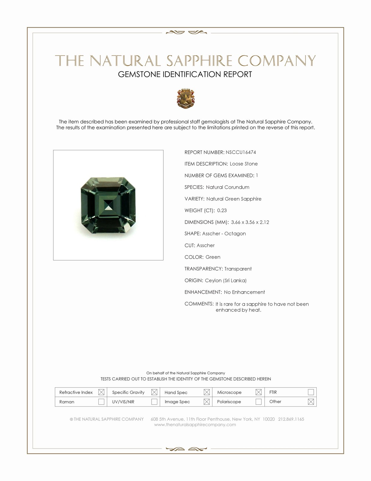 Ceylon (Sri Lanka) Asscher – Octagon Green Sapphire 0.23CT