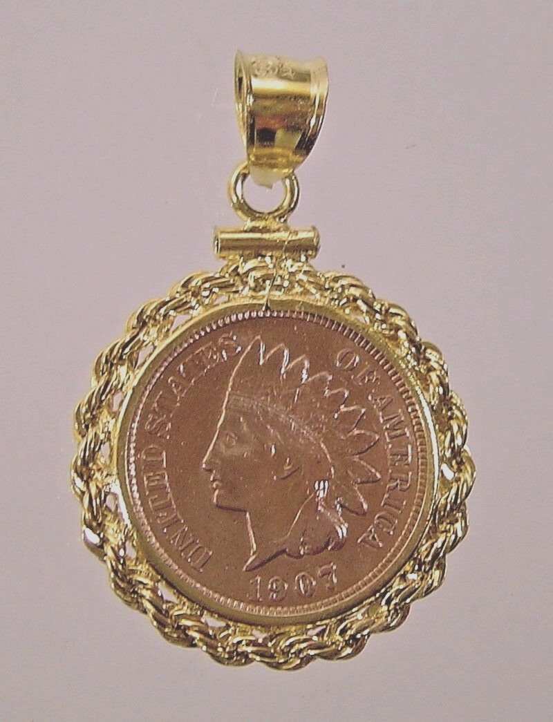 Coin Pendant Vintage Indian Cent Coin 14K Gold Filled Rope Bezel Soldered Bail
