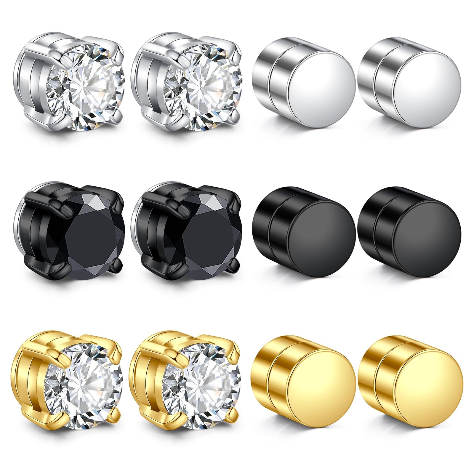 Men’s Magnetic Stud Earrings – Non Piercing 6 millimeters, Sliver-Black-Gold