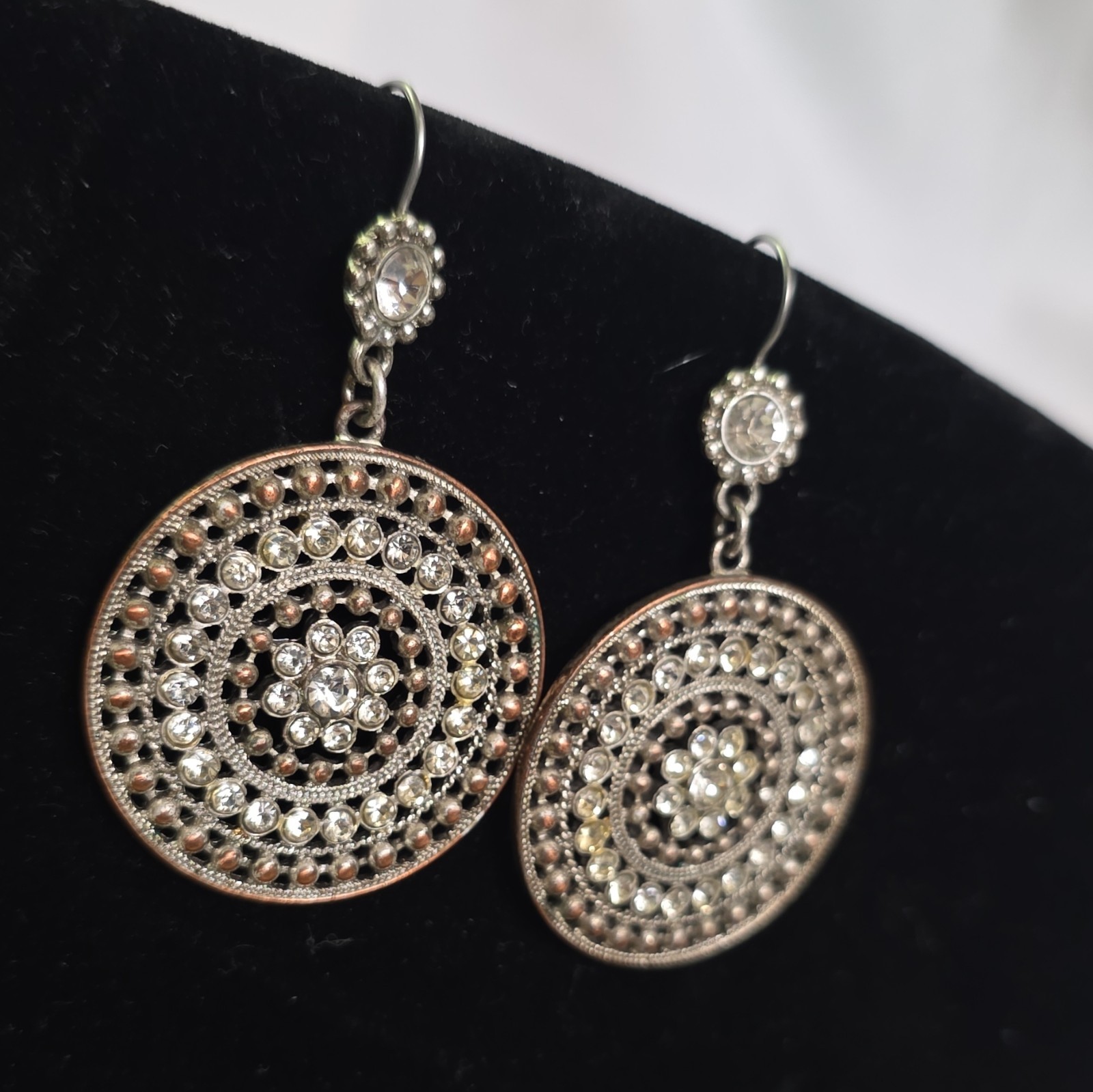 Round White Crystal Rhinestone Dangle Drop Earrings, Silver Tone Hook Closure