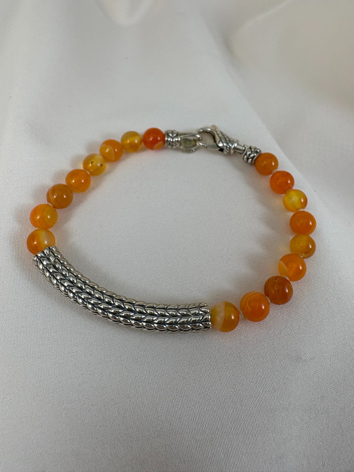 JAI Sterling Silver Orange Agate Bead Bracelet 7″ Long Size X-Small