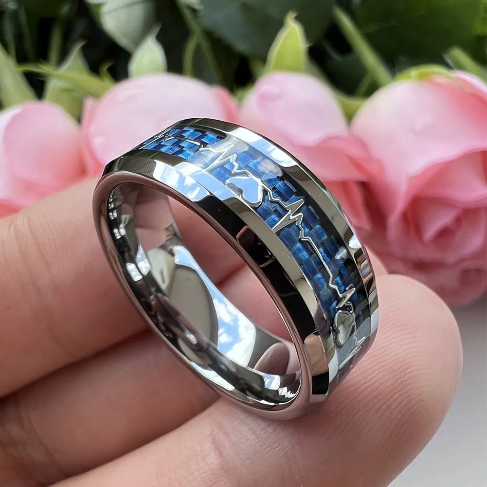 8mm Carbon Fiber Heart Inlay Tungsten Carbide Wedding Band Ring Men Jewelry