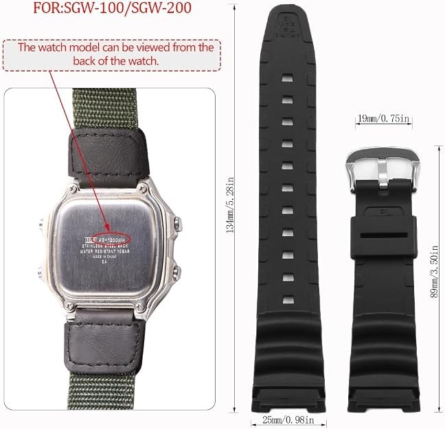 SGW-100 Series Watchband Compatible with Casio SGW100 Black band steel buckle