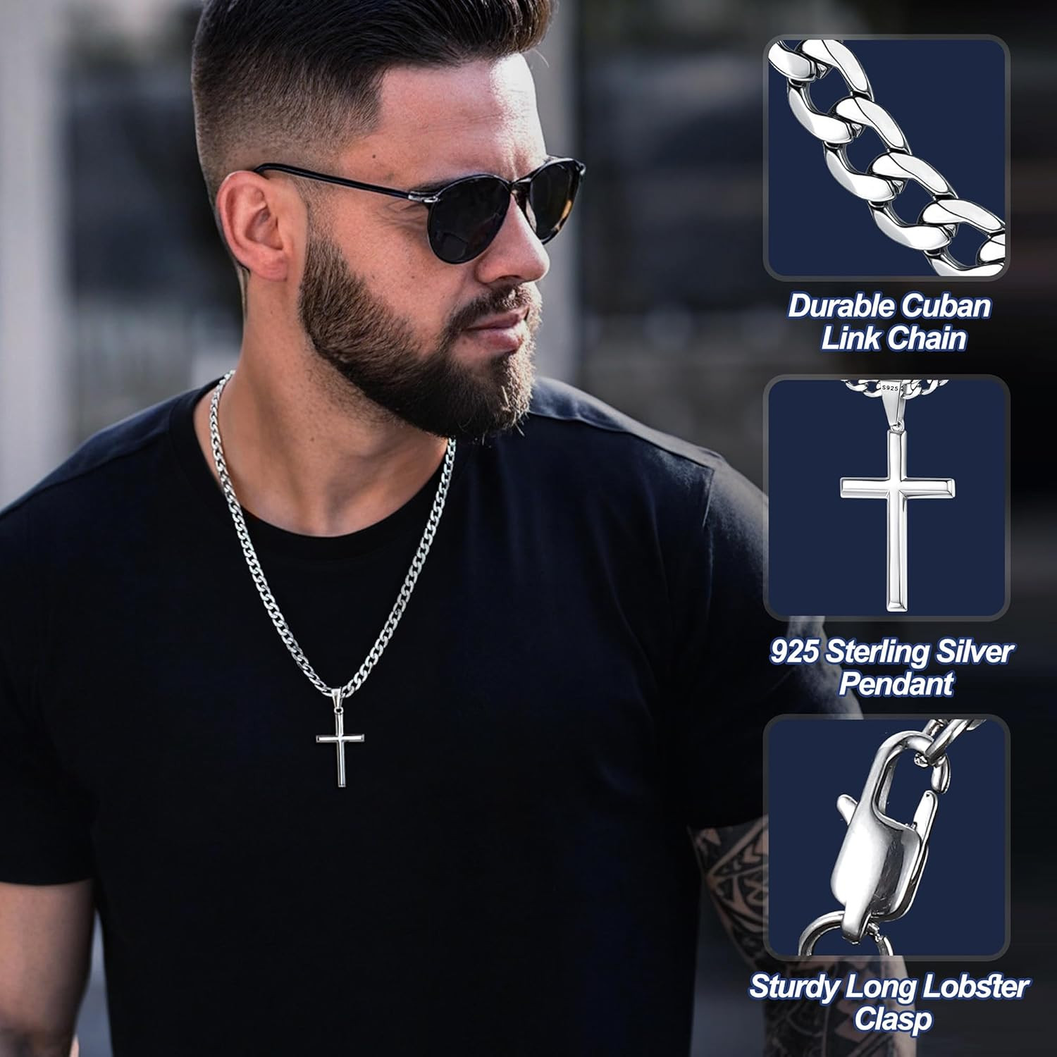 925 Sterling Silver Cross Necklace Beveled Edge for Men Women 5Mm Stainless Stee