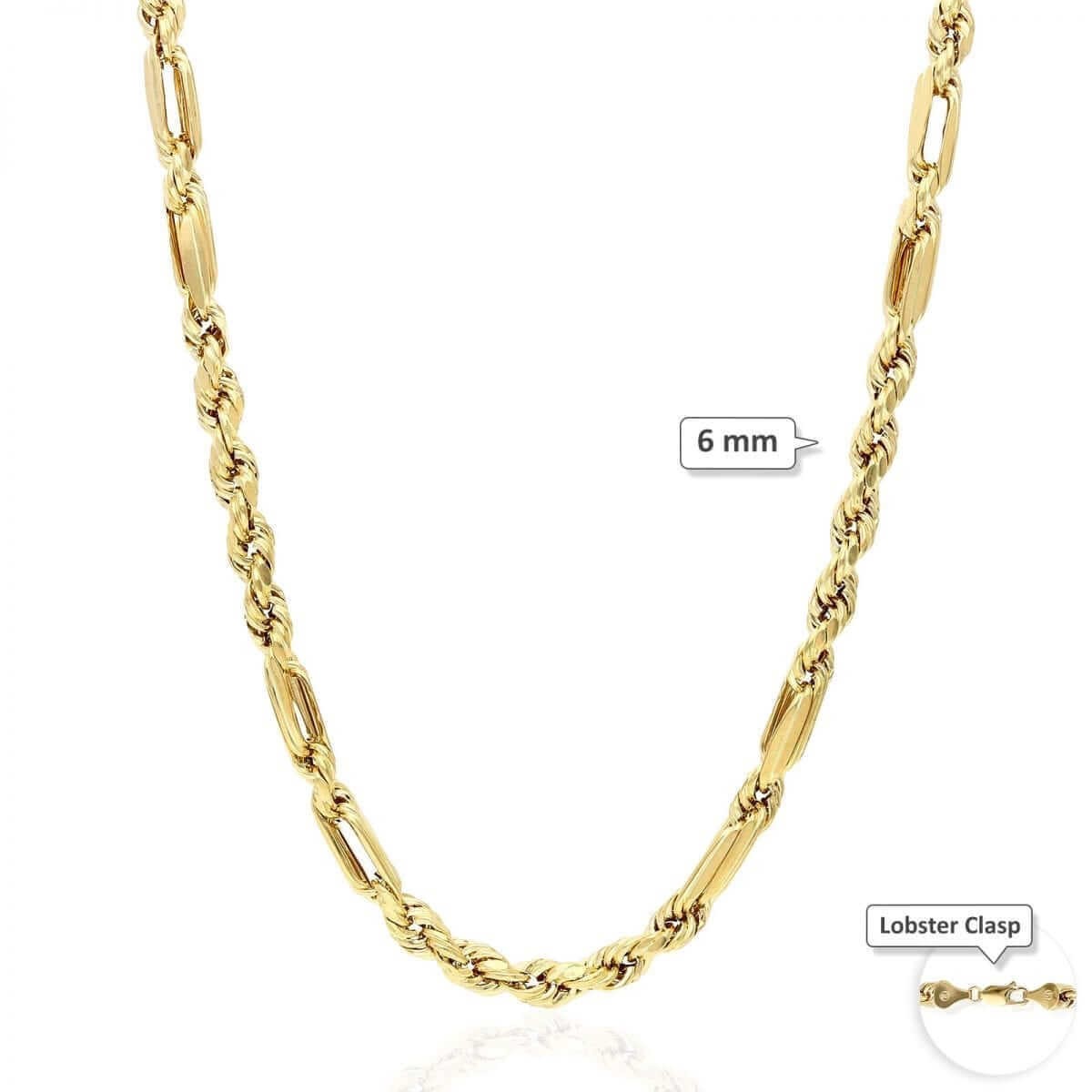 10K Solid Gold Diamond-Cut 4-8mm Milano Figaro Rope Chain (Hollow) 20-32″