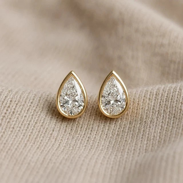 2.Ct Pear Cut Lab Created Diamond Bezel Set Stud Earrings 14K Yellow Gold Plated