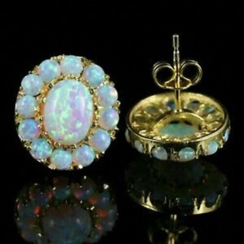 5Ct Oval Fire Opal Flower Push Back Diamond Stud Earrings 14k Yellow Gold Finish