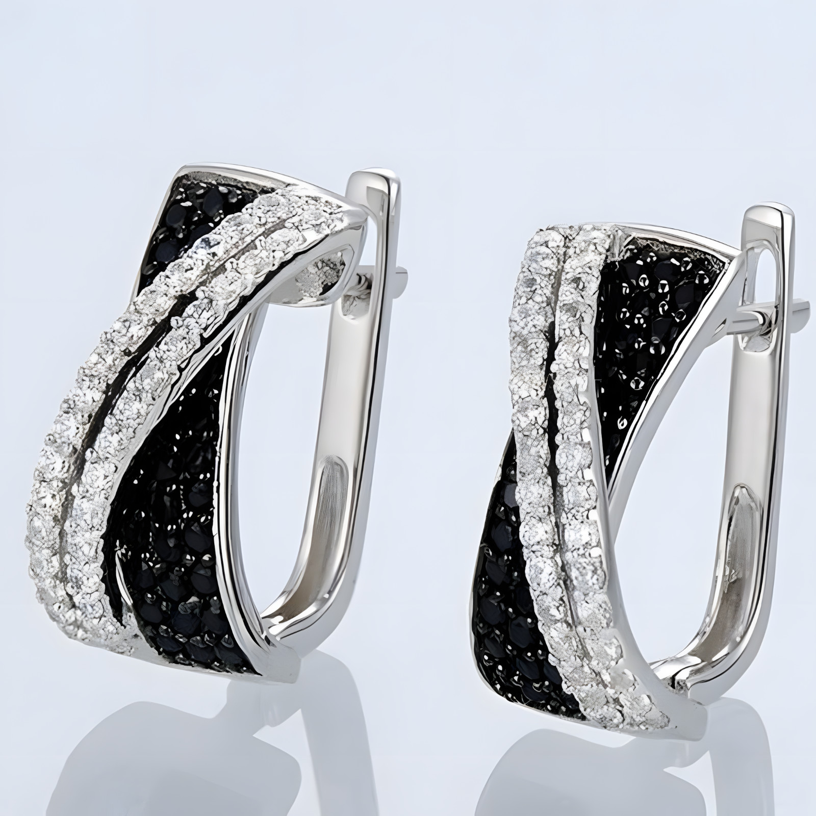 Sterling Silver Hoop Earrings for Women with Black and White Zirconia Stones 510