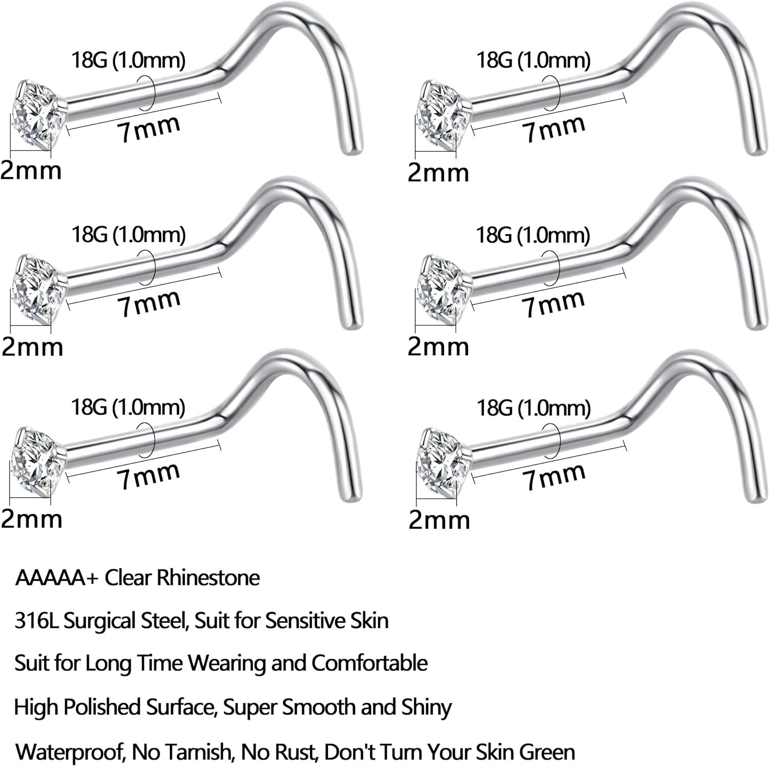 Versatile 12Pcs Nose Piercing Studs – Smooth Surgical Steel & Rhinesone Designs
