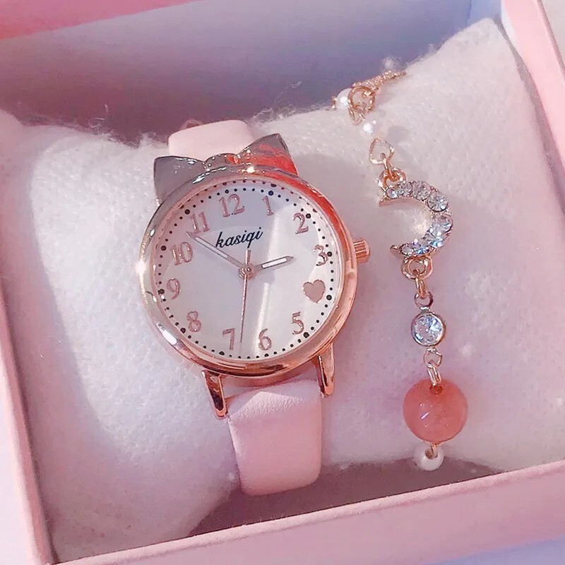 Kids Children Set Watch Leather Strap Quartz Watch Girls wrist Watch + Bracelet