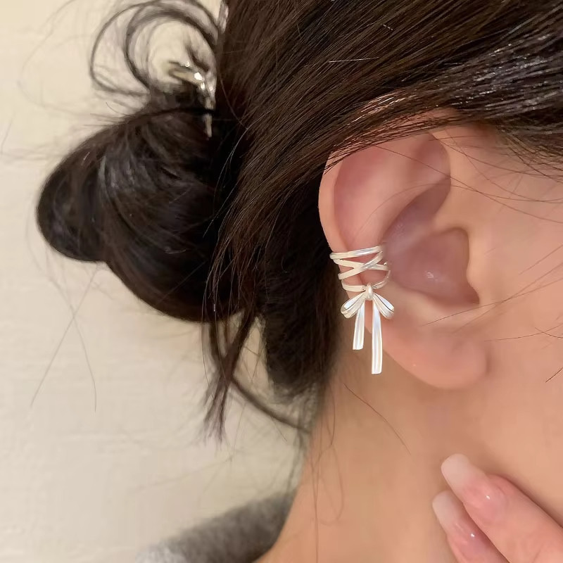 1 Pair925 Sterling Silver Bow Knot Ear Cuff Cartilage Earring Non Piercing Women