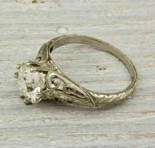 Art Deco Style Round Lab Created Diamond 14K White Gold FN Filigree Wedding Ring