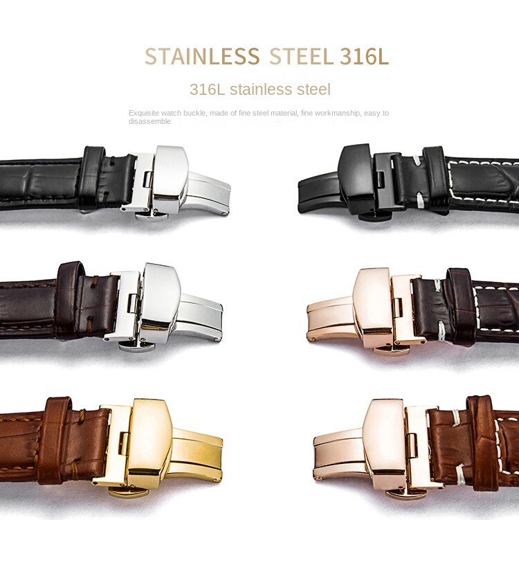 Premium Genuine Leather Watch Strap Butterfly Buckle Crocodile Grain Band12-24mm