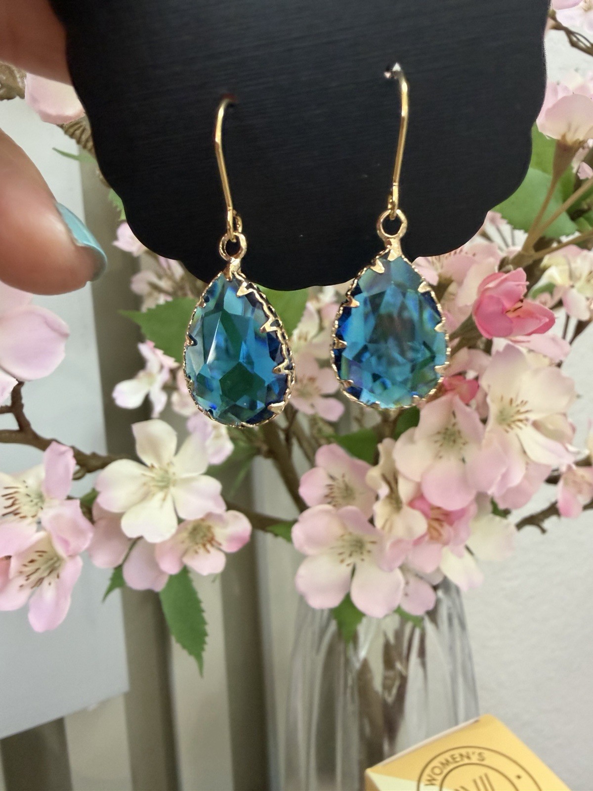 Dixie Bliss Gold Tone Blue Teardrop Crystal Dangle Hook Earrings