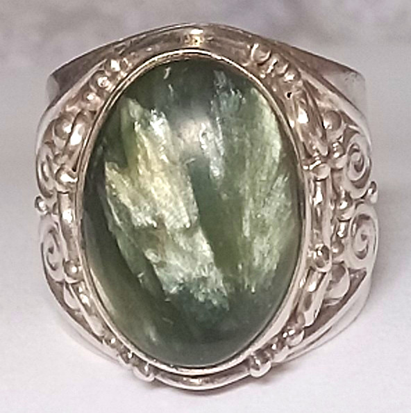 Silver Seraphinite Cabochon Statement Ring Adjustable To Size 6.5