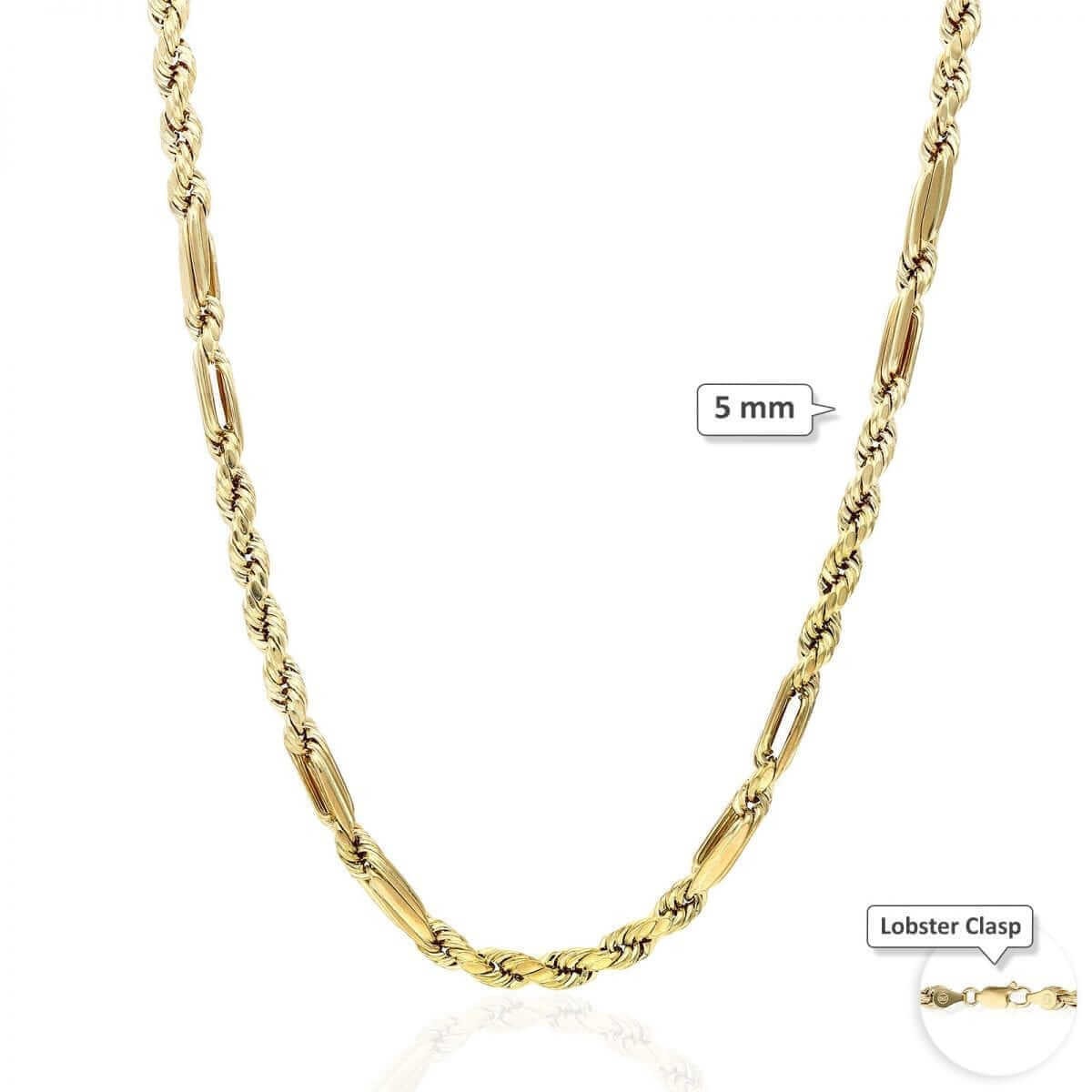 10K Solid Gold Diamond-Cut 4-8mm Milano Figaro Rope Chain (Hollow) 20-32″