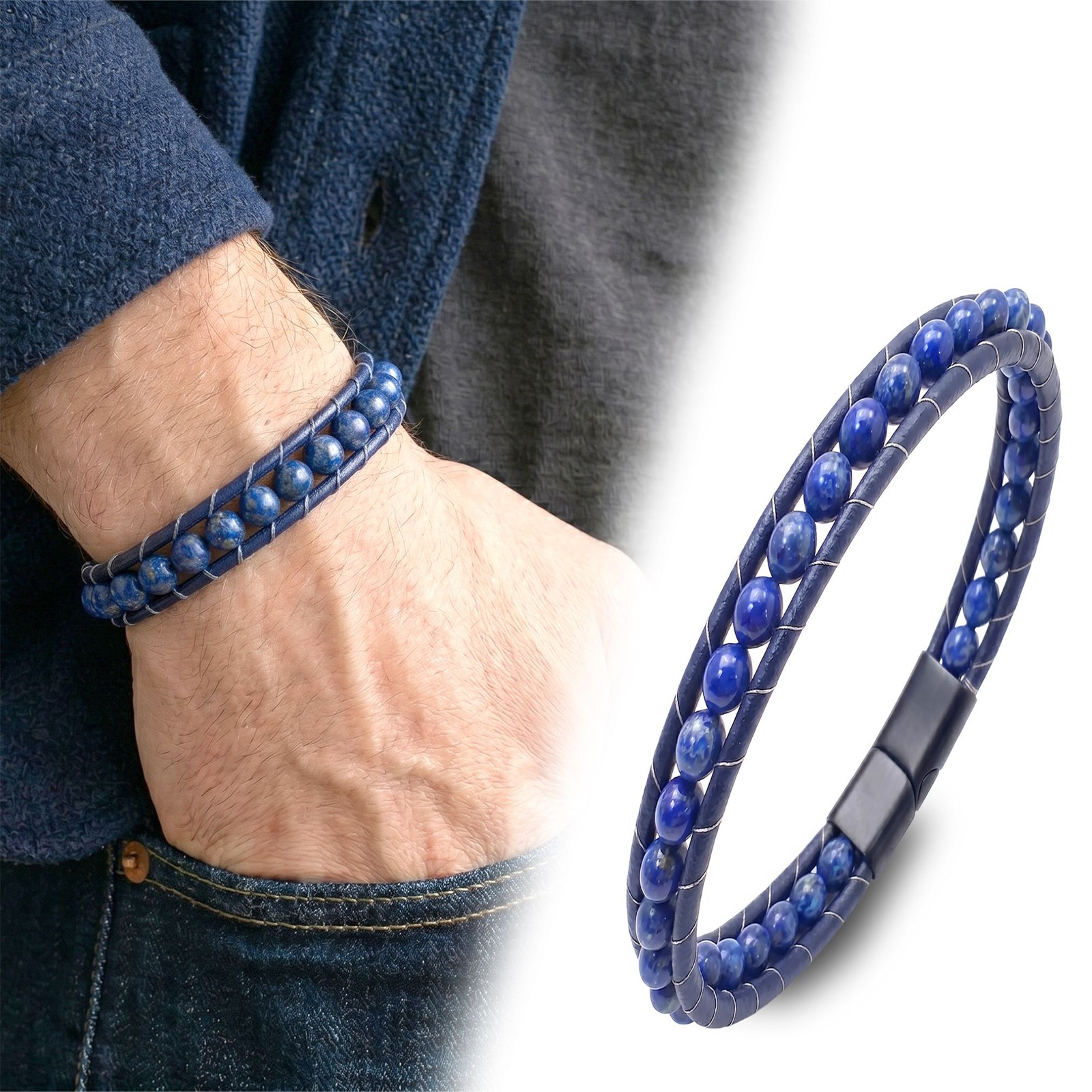 Lapis Lazuli Gemstone Leather Cord & Stainless Steel Men’s Bracelet 6mm