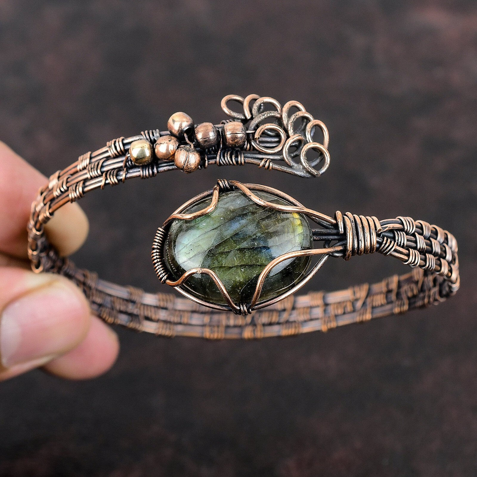 Labradorite Copper Gift For Bridesmaid Wire Wrapped Adjustable Bangle