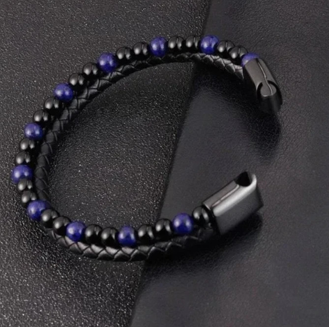 Natural Lapis Lazuli Obsidian 2 Strands Leather Reiki Strength Men Bracelet Gift