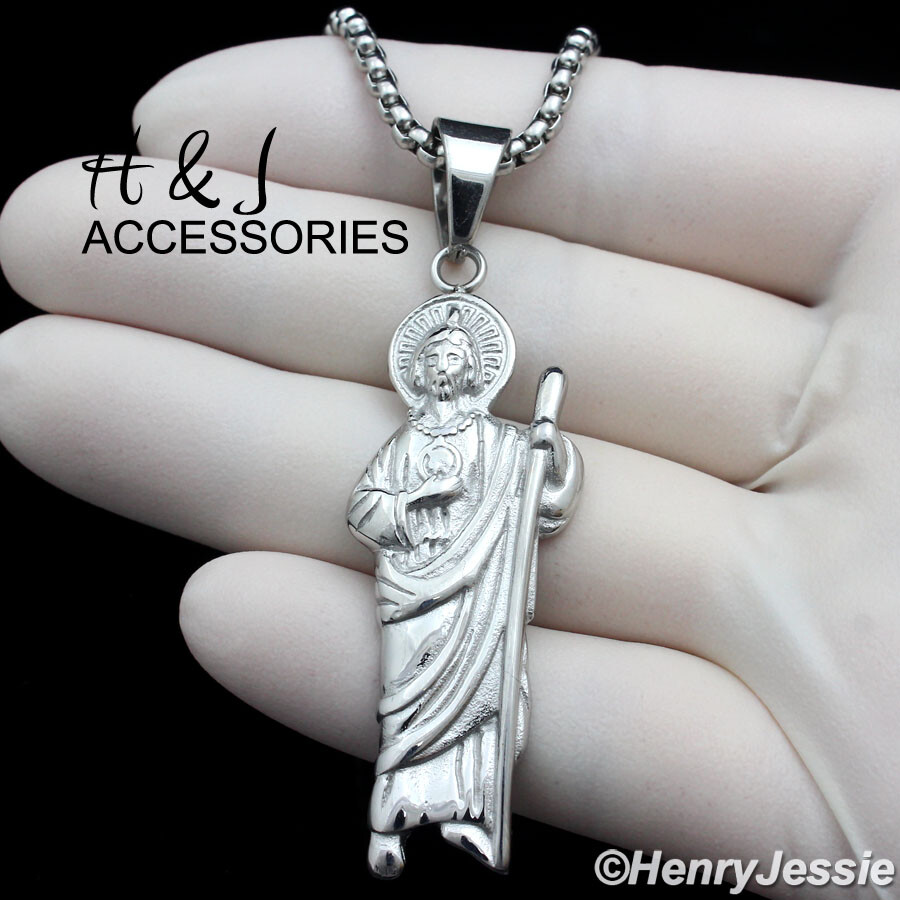 18-36″MEN Stainless Steel 3mm Silver Box Link Chain Plain San Judas Pendant*P135