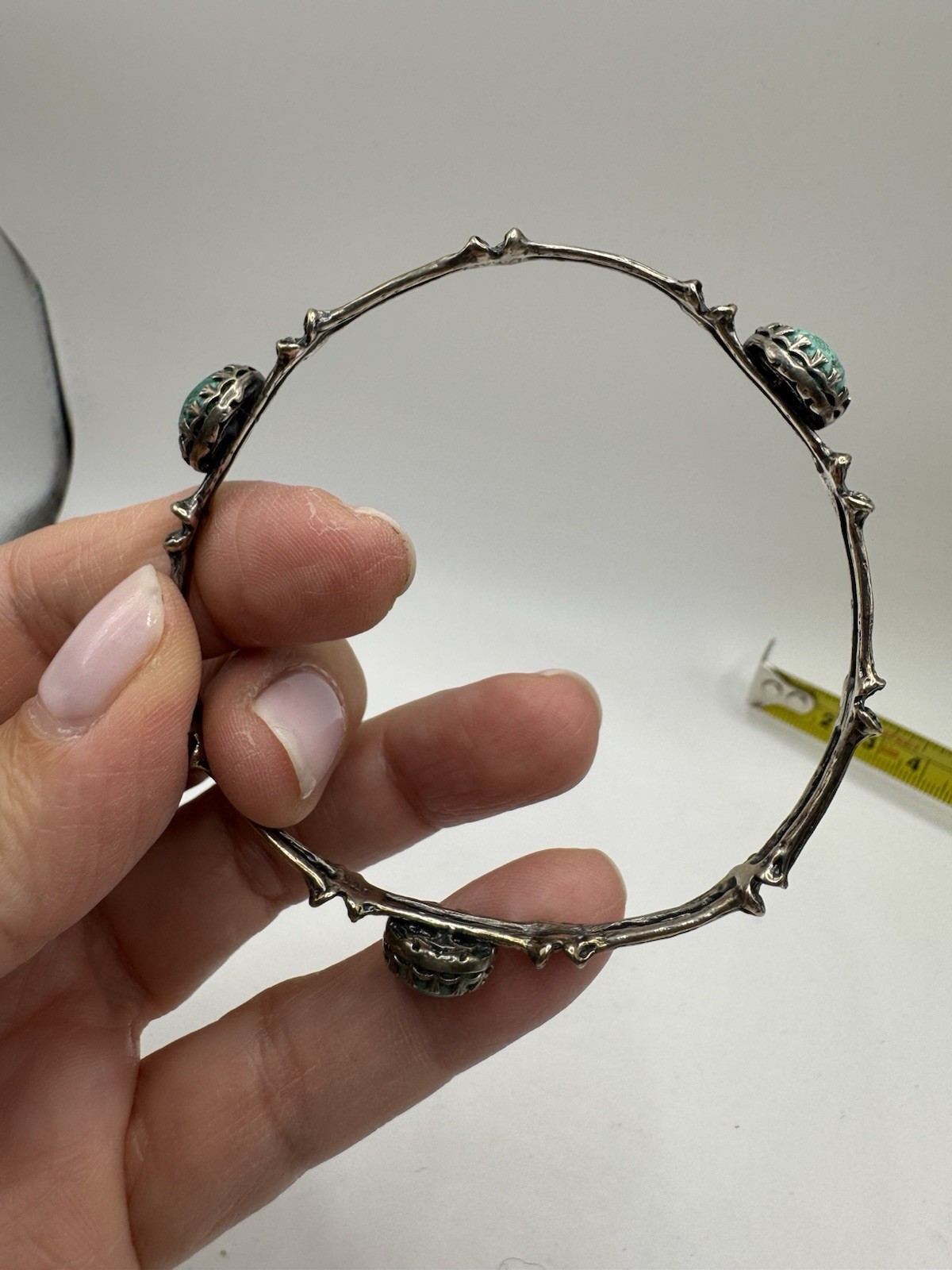 Vtg Native American Navajo Bone Bracelet Sterling Silver 925 3 Green Malachites