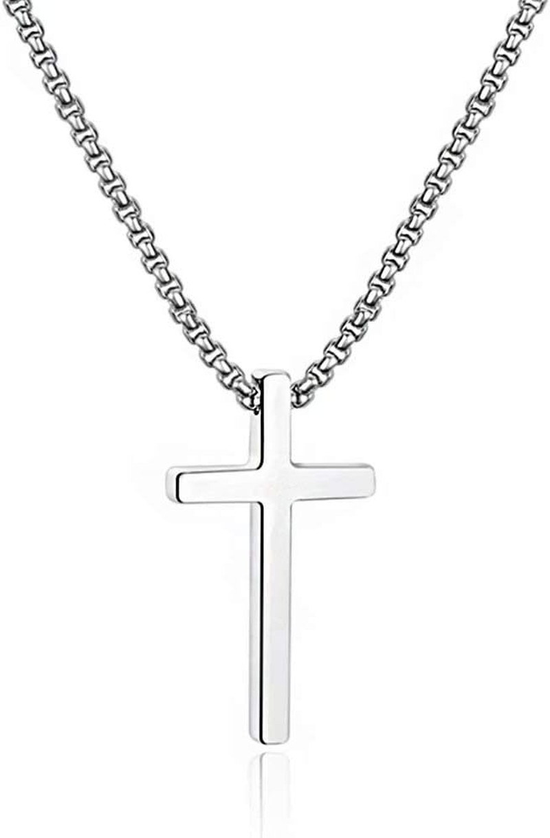 Cross Necklace for Men Teen Boys, Silver Black Gold Stainless Steel Plain Cross