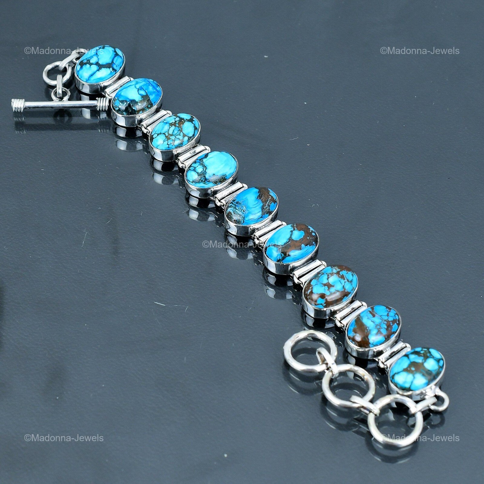 Womens day Sale 925 Silver Oval Natural Tibetan Turquoise Chain Bracelet Jewelry