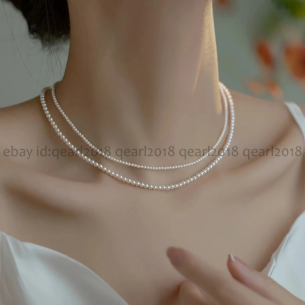 2 Rows White South Sea Shell Pearl Round Beads Necklace 17-18 inch 3/4mm