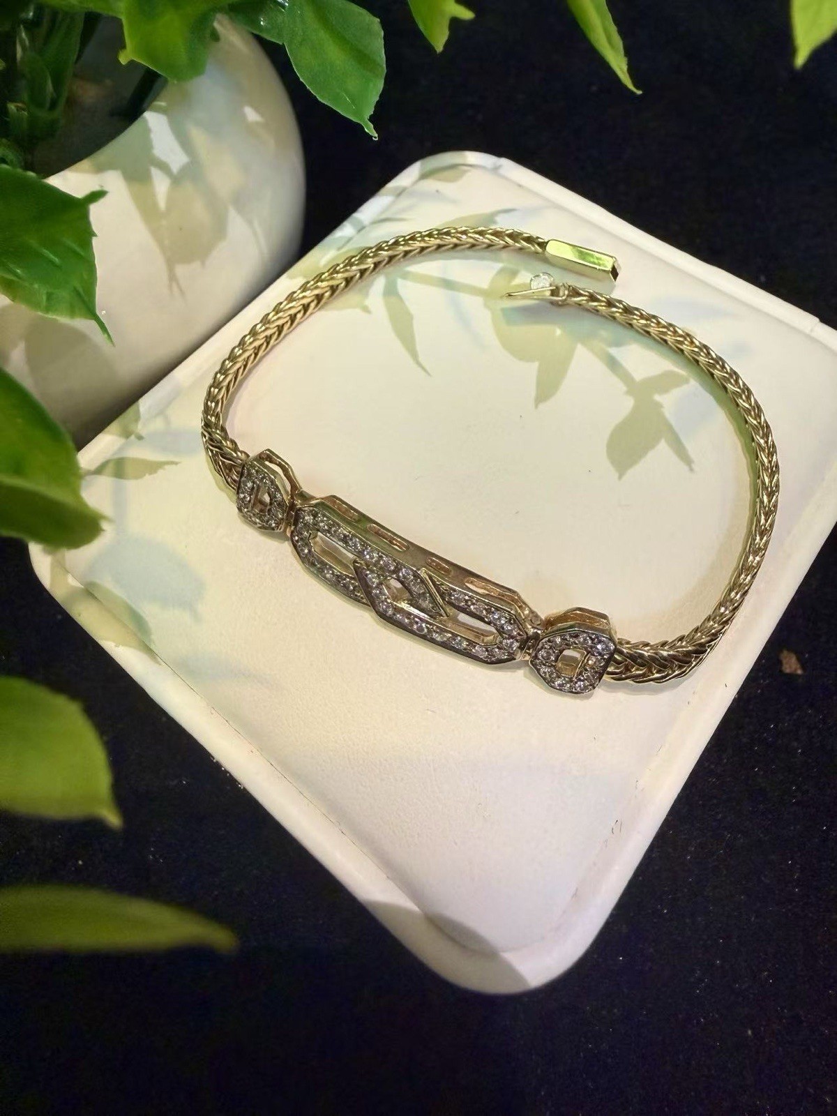 14K Yellow Gold Diamond Paperclip Link Wheat Chain Bracelet