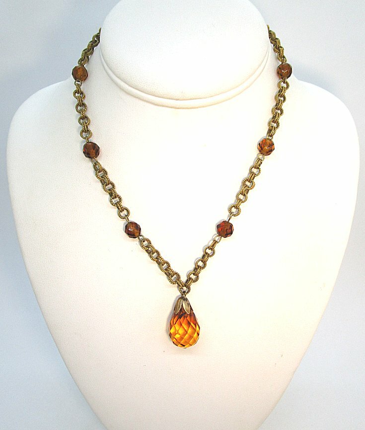 Gold Plate Necklace w Faceted Crystal Pendant and Beads 28.5 grams 16” long