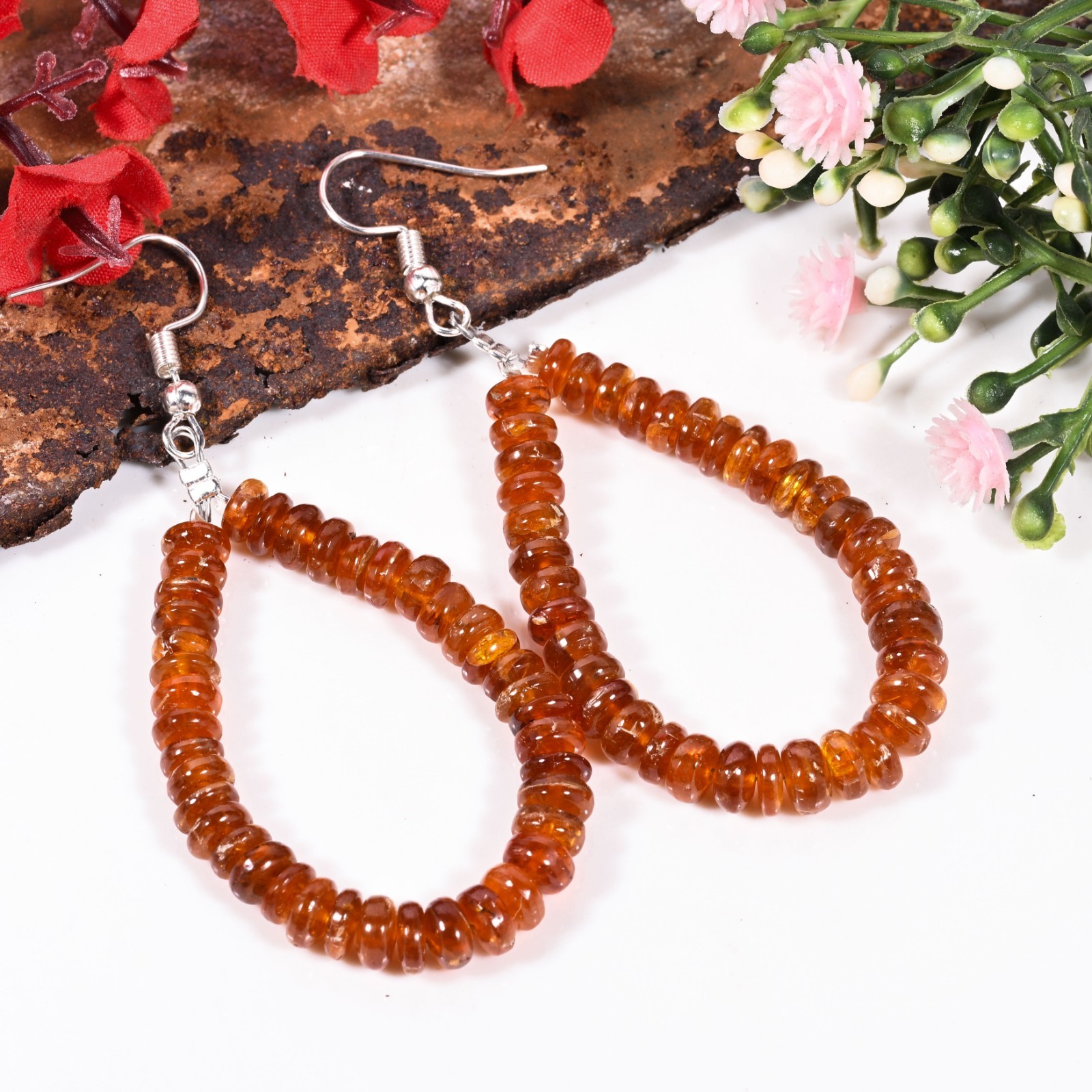 Orange Kyanite Dangle Earrings Handmade Rondelle Gemstone Drops