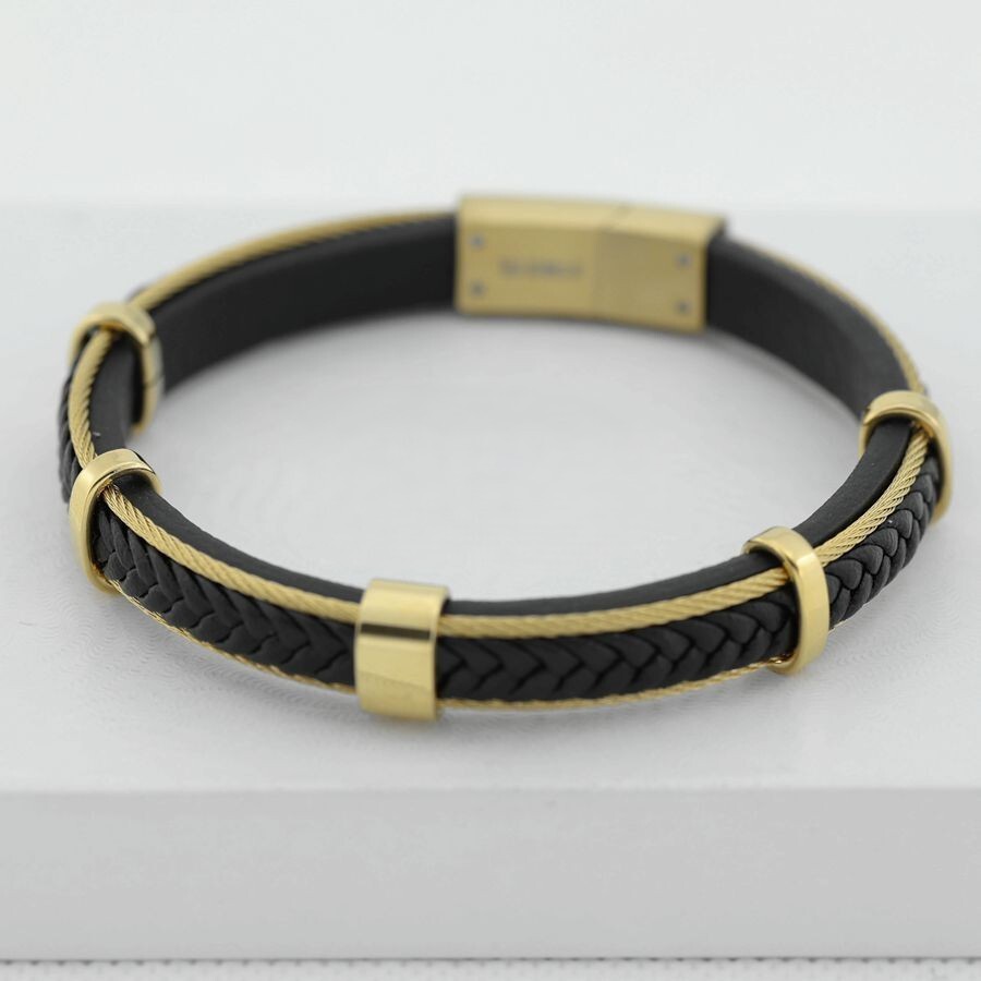 Men’s,Stainless Steel 8.5″ Black Cable Braided Leather Magnetic Bracelet*BOX