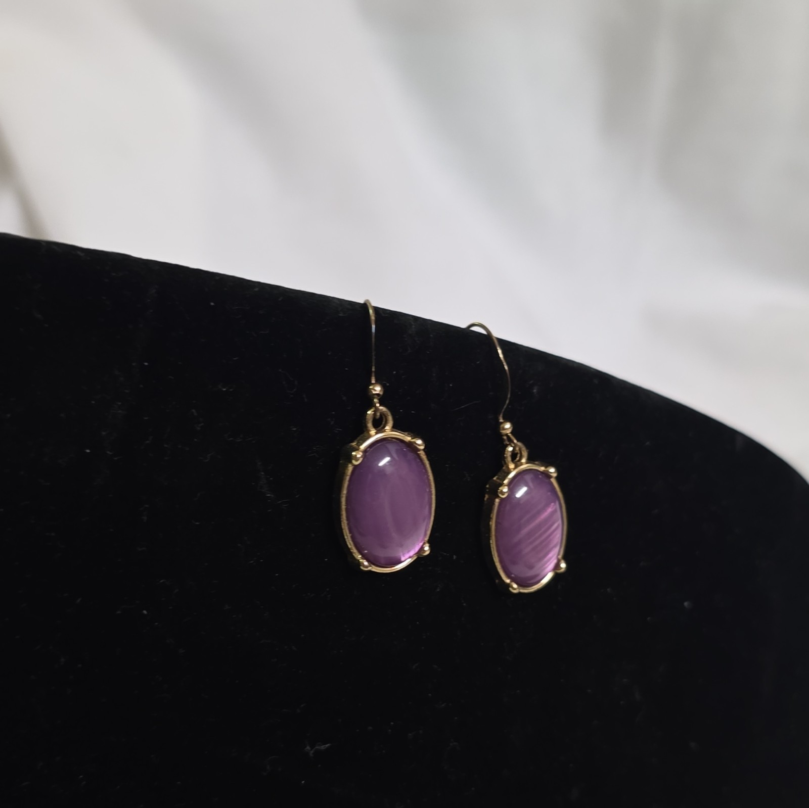 Gold Tone Purple Oval Cabochon Stone Dangle/Drop Hook Earrings, Bezel Set