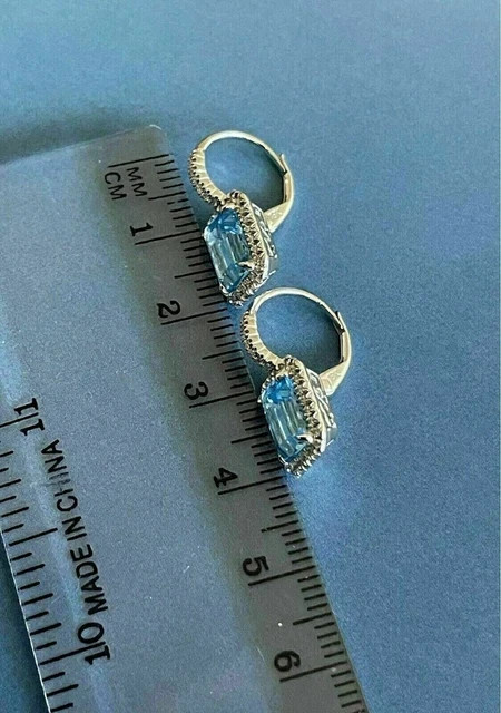 3Ct Emerald Cut Lab-Created Aquamarine Drop/Dangle Earrings 14KWhite Gold Plated